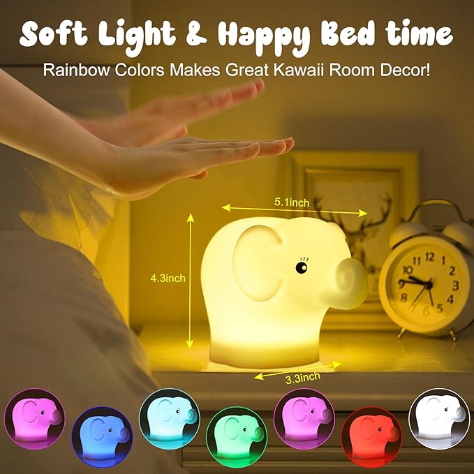 ShaArkMango LED Night Light for Kids Toddler Bed, Cute Animal Night Lamp Color Changing, Soft Baby Light Dimming & Timer &Rechargeable Nursery Bedside Lamp for Breastfeeding Elephant Gifts for Women