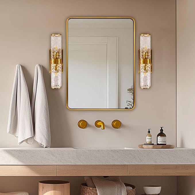 ANDY STAR Gold Bathroom Mirror for Wall, 30x36’’ Brushed Gold Rounded Rectangle Mirror for Vanity in SUS304-Anti-Rust, Wall-Mounted Horizontal/Vertical 1’’ Deep