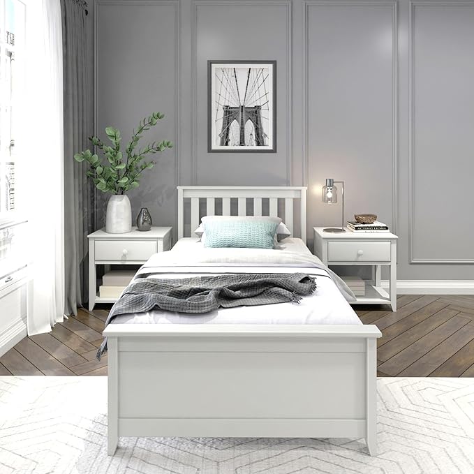 Plank+Beam Solid Wood Twin Bed Frame, Platform Bed with Headboard, White