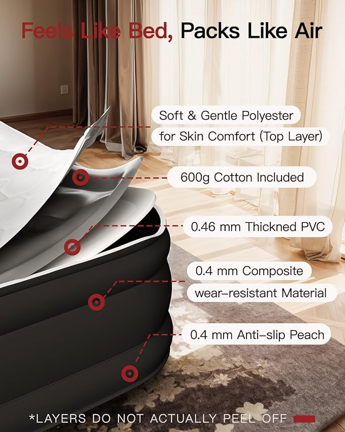 CHILLSUN Queen Air Mattress with Built in Pump,Raised Comfort Blow up Mattress,Dual Layer Mattress Topper Airbed,Durable Inflatable Mattress for Guests Home,Colchon Inflable 800lbs Max