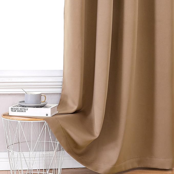 ChrisDowa 100% Blackout Curtains for Bedroom with Black Liner, 2 Thick Layers Total Blackout Thermal Insulated Grommet Window Curtains 2 Panels Set (Cappuccino, 52 x 84 Inch)