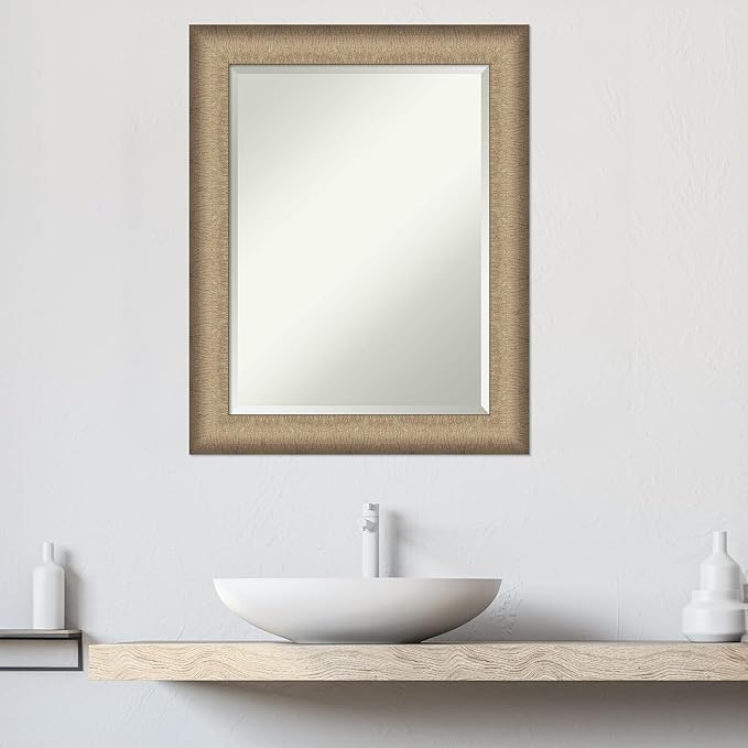 Amanti Art Bronze Bathroom Mirror for Over Sink, 29x23 Elegant Brushed Bronze Rectangle Vanity Mirror, Medium Casual Frame, Hangs Horizonally and Vertically, Bathroom Wall Decor, Beveled Edge