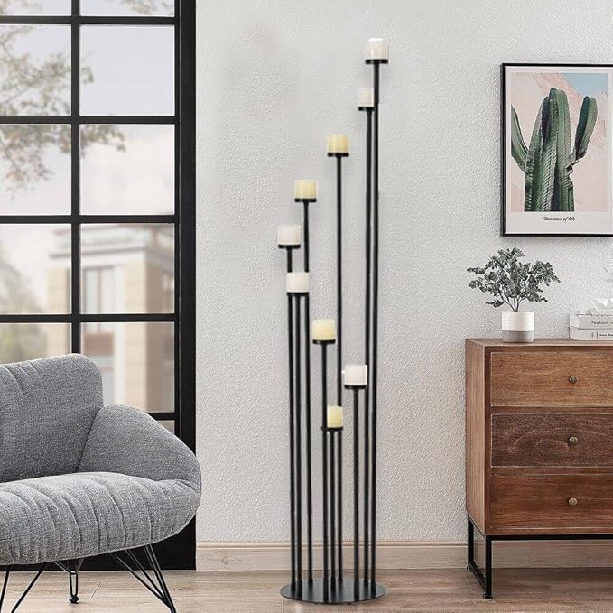 Black 9 Arm Floor Candle Holder Candelabra for Home Decor, Weddings, Dinner Parties Formal Events