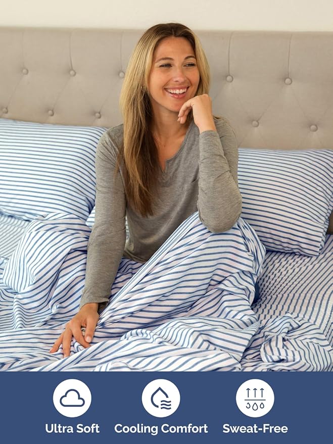 Extra Deep Twin Sheet Set - 4 Piece Breathable and Cooling Sheets - Hotel Luxury Bed Sheets Set - Easy Fit - Soft, Wrinkle Free and Comfy Sheets Set - Blue Striped Sheet Set with Extra Deep Pockets