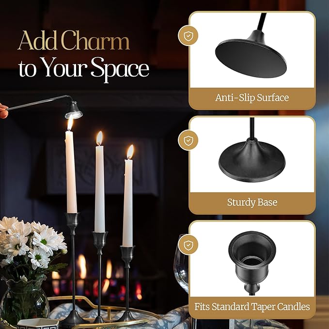 Black Candleholders for Taper Candlesticks Plus Candle Snuffer – Dining Table Décor Centrepiece - Metal Candelabra Candlestick Holder - Black Décor for Home Weddings Celebrations Events (Set of 6 Pcs)