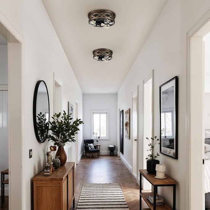 VONLUCE Flush Mount Ceiling Lights, 3-Light Hallway Ceiling Lighting Fixtures, 13 inch Farmhouse Metal Cage Ceiling Lights for Entryway Kitchen, Adjustable Lamp Holders, 2 pcs, Oil-Rubbed Bronze