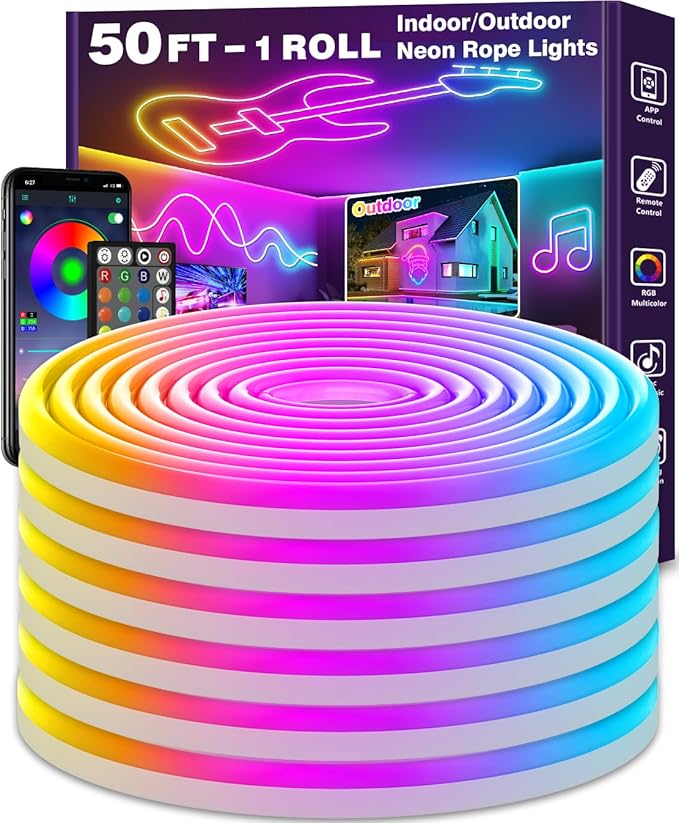 50Ft Neon Rope Lights,Flexible Led Rope Lights Control with App/Remote,Multiple Modes Rope Lights,IP65 Outdoor RGB Led Neon Lights Waterproof,Music Sync Gaming Led Neon Light Strip for Bedroom Decor