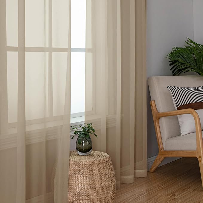 Chyhomenyc Sheer Taupe Curtains 90 inches Long 2 Panels, Light Filtering Soft Airy Solid Elegant Voile Window Treatment Drapes for Bedroom Living Room Wedding Party Decor, 42 Wx90 L Inches