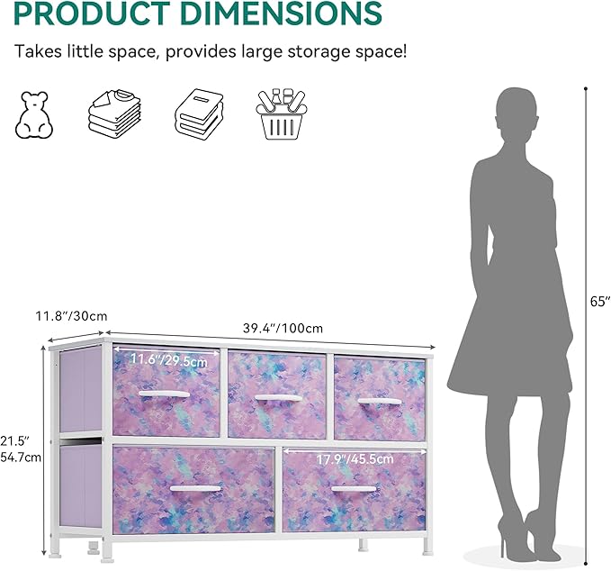 YITAHOME Wide Storage Tower with 5 Drawers - Fabric Dresser, Organizer Unit for Bedroom, Living Room, Closets - Sturdy Steel Frame, Easy Pull Fabric Bins & Wooden Top