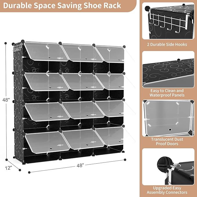 ROJASOP Portable 8-Tier Shoe Cabinet - 48-Pair Shoe Organizer with Expandable, Free Standing, Stackable Space Saving Design and 2 Exclusive Versatile Hooks for Bedroom
