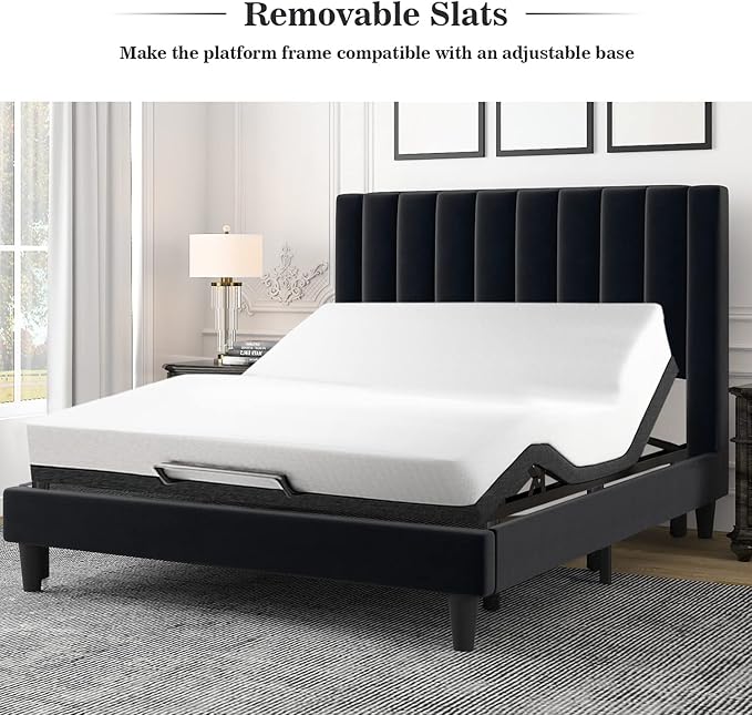 Allewie Full Bed Frame/Velvet Upholstered Bed Frame with Vertical Channel Tufted Headboard/Strong Wooden Slats/Platform Bed Frame/Mattress Foundation/Box Spring Optional/Easy Assembly/Black
