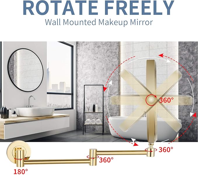 DOWRY 8-Inch Double-Sided Wall Mounted Makeup Mirror with 10x Magnification,14.4-Inch Extension,Gold Finish 1305J(8in,10x)