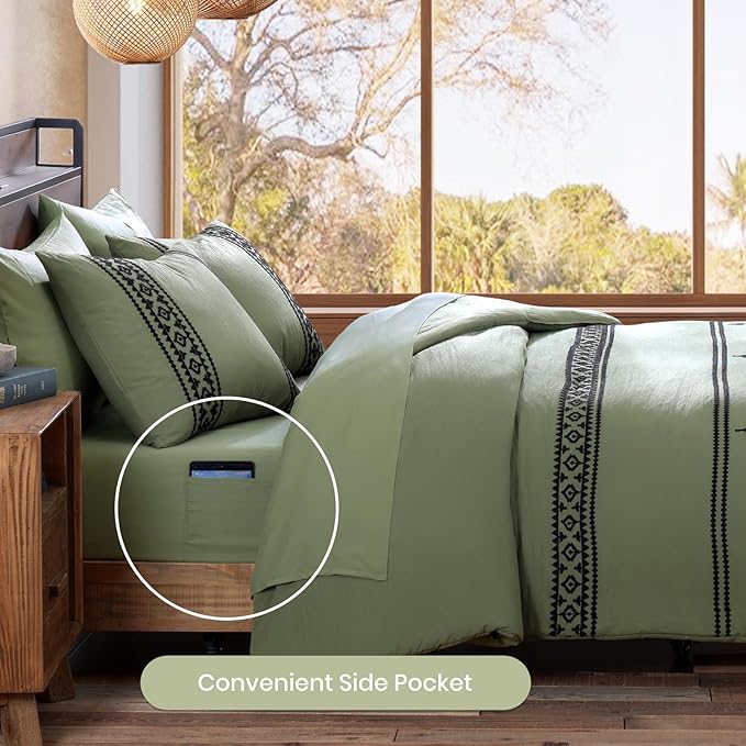 MaiRêve Embroidery Queen Size Comforter Sets, Light Olive Green Western Bedding Set Boho 7 Pieces, All Season Farmhouse Bed in A Bag Comforter Set with Sheets, Pillowcases & Shams