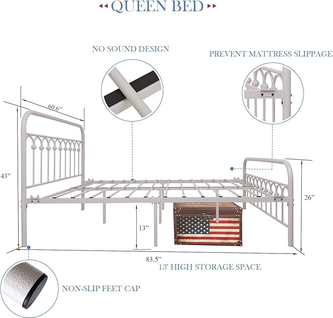 YALAXON Vintage Sturdy Queen Size Metal Bed Frame with Headboard and Footboard Basic Bed Frame No Box Spring Needed (Queen,White)