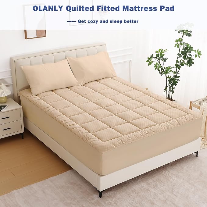 OLANLY Queen Quilted Fitted Mattress Pad – Soft Pillow Top Mattress Topper, Down Alternative Fill, Cooling Comfort Breathable Mattress Cover, Machine Washable Deep Pocket Mattress Protector, Beige