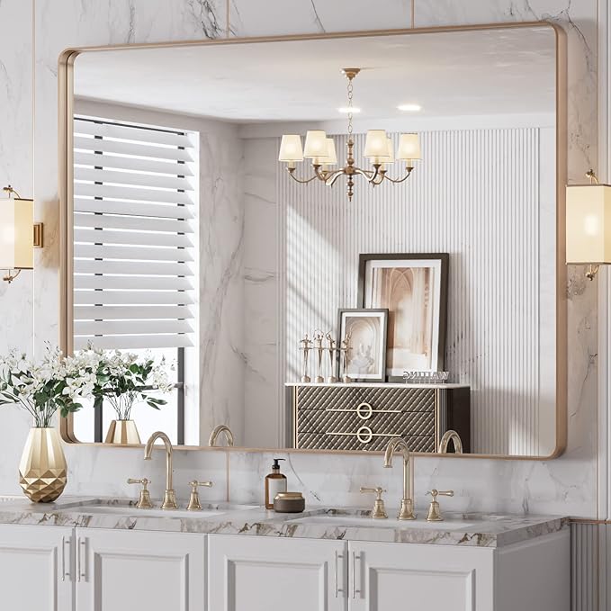 LOAAO 48”X36” Gold Bathroom Mirror, Rounded Rectangle Gold Frame Mirror, Brushed Gold Bathroom Vanity Mirror Wall-Mounted, Anti-Rust, Tempered Glass, Hangs Horizontally or Vertically