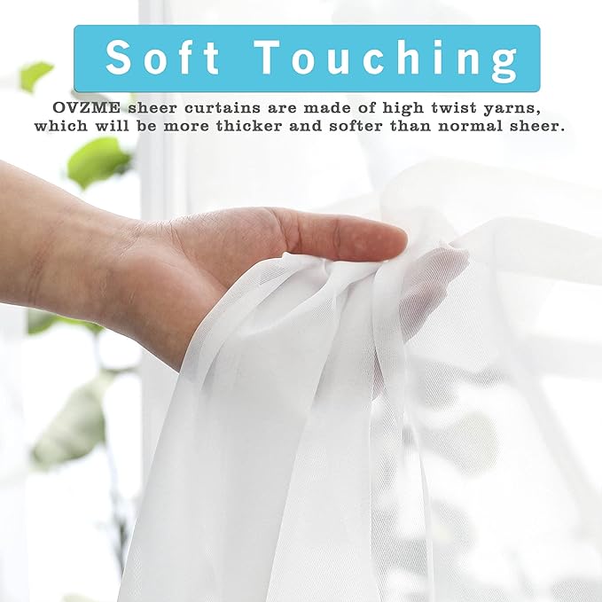 OVZME White Sheer Curtains 36 Inch Length Kitchen Tiers Short Voile Drapes Solid Sheers Cafe Curtain for Bathroom Small Half Window 2 Panels Set, Rod Pocket, 42" W x 36" L