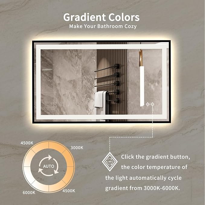LED Mirror, 40x24 Inch Black Framed Gradient Front and Backlit Lighted Vanity Mirror, 3 Colors Dimmable CRI>90, IP54 Enhanced Anti-Fog Wall Mounted LED Bathroom Mirror
