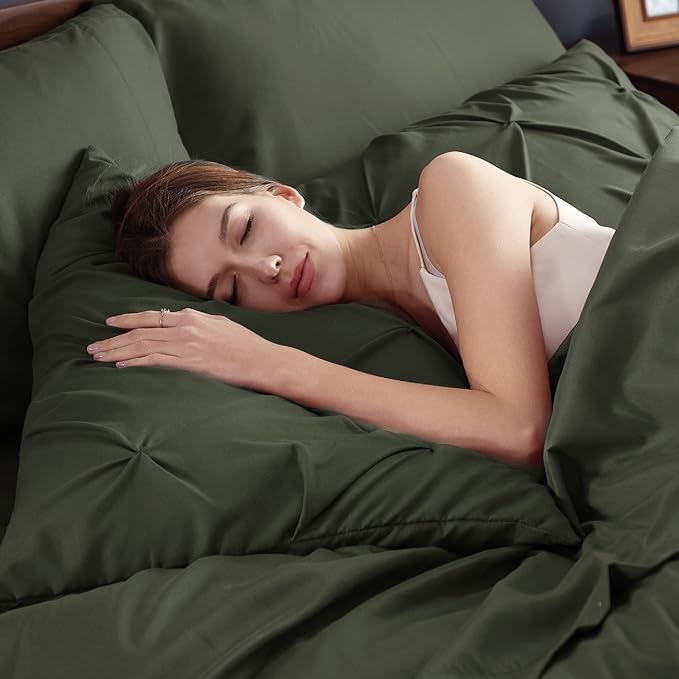 Bedsure King Size Comforter Set Olive Green - Bed in a Bag Bedding Set 7 Pieces, GentleSoft™ Pintuck Bed Set Gift for Family, Pinch Pleat Olive Green Comforter with Sheets, Pillowcases & Shams