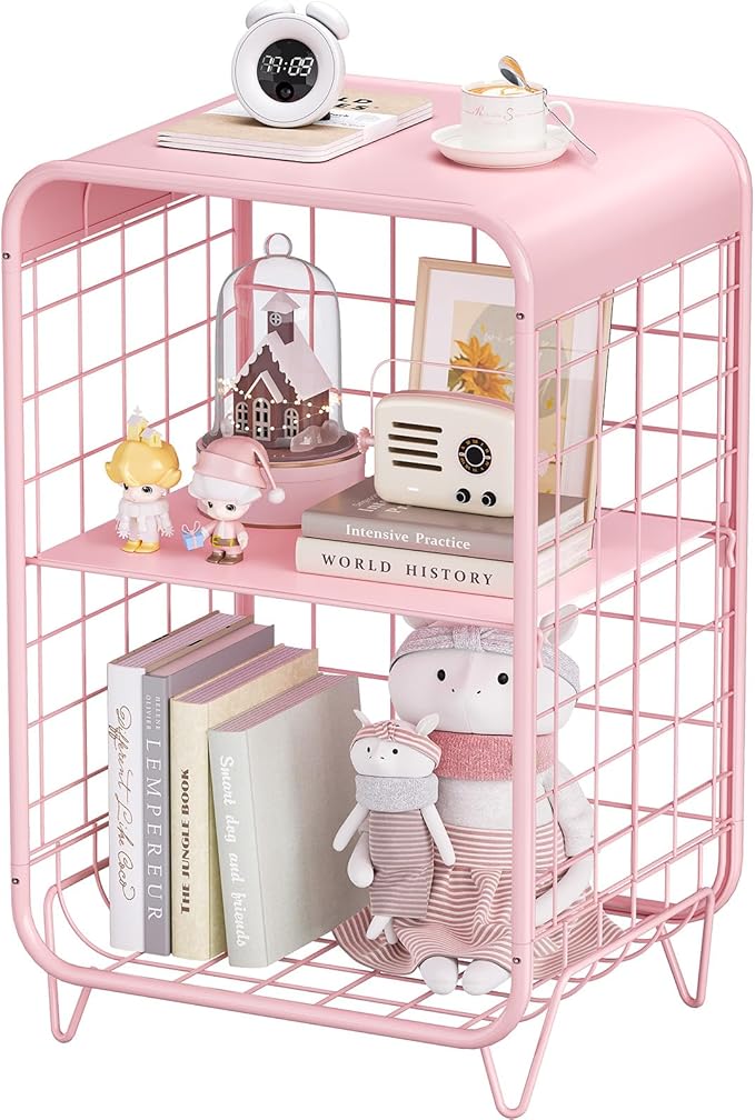 APEXCHASER Cute Kids Pink Nightstand,Metal Side Table,3 Tier End Table with Storage,Vintage Bedside Table,Girls Bedroom Furniture for Living Room,Bedroom,Dorm
