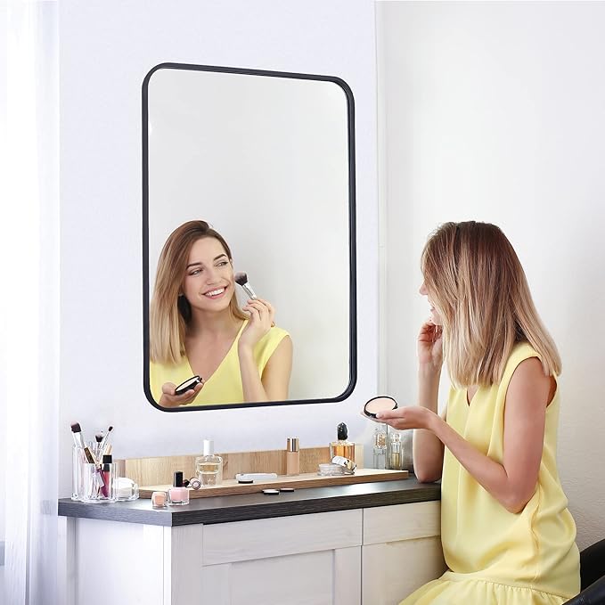 SUPER DEAL 22x30 Inch Black Wall Mirror for Bathroom, Wall Mounted Rectangular Entryways Decor Vanity Mirrors with Stainless Steel Metal Frame and Rounded Edge