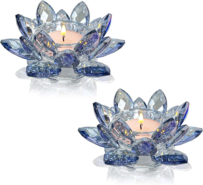 Crystal Lotus Flower Tealight Candle Holders/Glass Tea Light Candlestick Decor Decoration for Christmas Home Wedding Party… (Blue 2pcs)