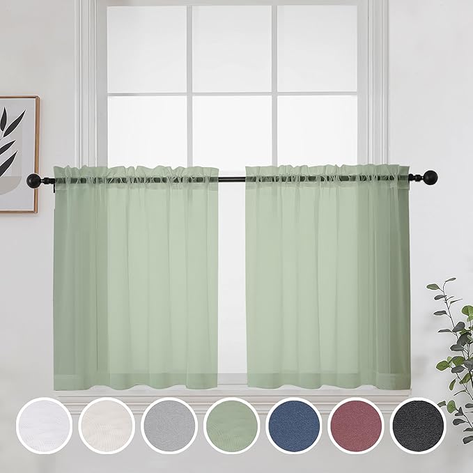 OWENIE Short Sage Green Sheer Curtains 24 Inches Long 2 Panels for Bathroom Window, Rod Pocket Light Filtering Sheer Tier Curtains for Small Kitchen Laundry Room, RV, Camper Travel Trailers, 42W x 24L