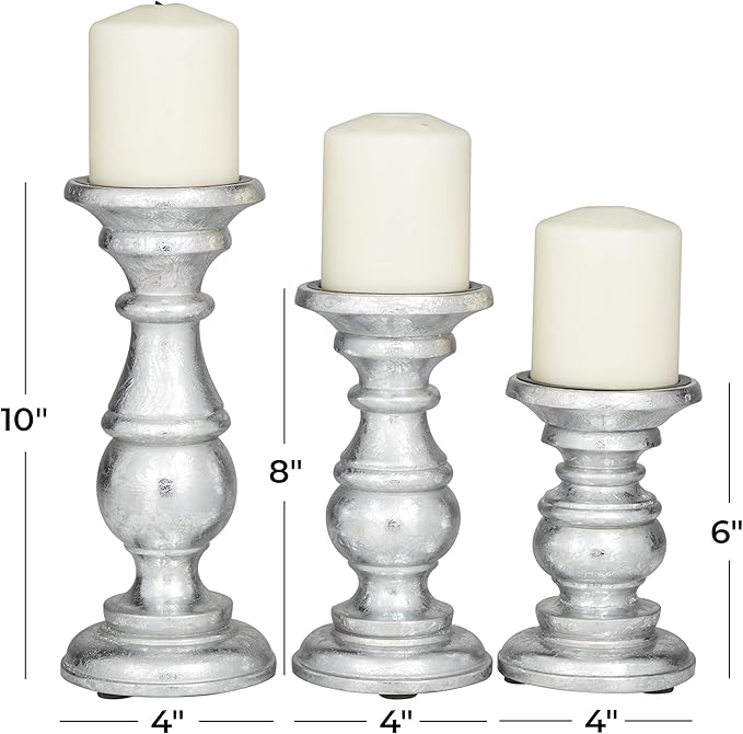 Deco 79 Traditional Mango Wood Pillar Candle Holder, Set of 3 10", 8", 6"H, Silver