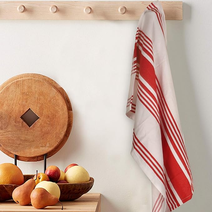 Urban Villa Kitchen Towels 100% Cotton Pack of 6, Highly Absorbent Quick Drying Super Soft Premium Dish Towels for Kitchen with Hanging Loop Hand & Tea Towels - 20x30 Inch, (Red & White, Striped)