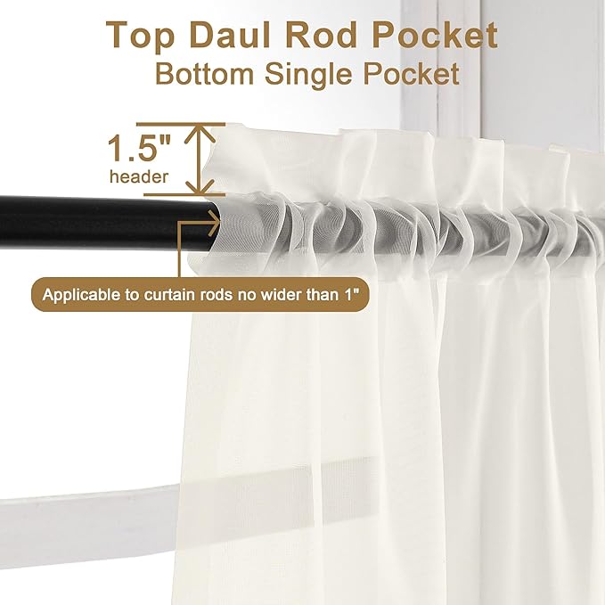 Chyhomenyc Ivory Sheer Curtains 108 Inch Long 2 Panels Set, Light Filtering Long Window Treatment Drapes for Living Room Bedroom Canopy, Each 42Wx108L inches, 9 Feet L, Set of 2, Ivory