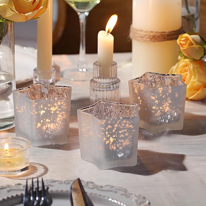 Letine 8pc Frosted White Star Tea Light Candle Holders - Mercury Glass Votive Holders for Wedding, Diwali, Fall & Holiday Decor - Elegant Starlight Vessels (2.44" Height, 1.45" Base)