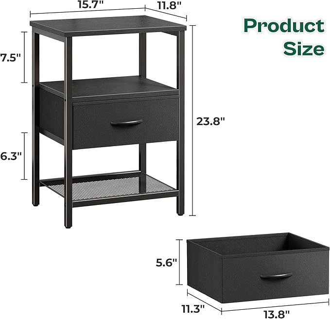 Huuger Night Stand with Fabric Drawer, Side Table with Mesh Shelf, Bedroom Nightstand, Fabric Drawer Dresser, Open Shelf, Metal Frame, Couch Side, Black