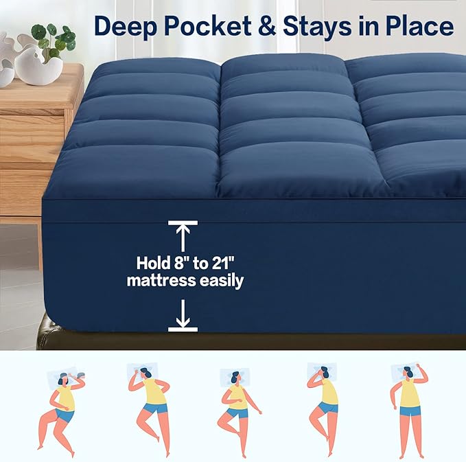 SOPAT Mattress Topper Twin Size Extra Thick Mattress Pad 8-21" Deep Pocket Soft Down Alternative Fill Mattress Protector Pillow Top Mattress Cover (39x75 Inches, Navy Blue)