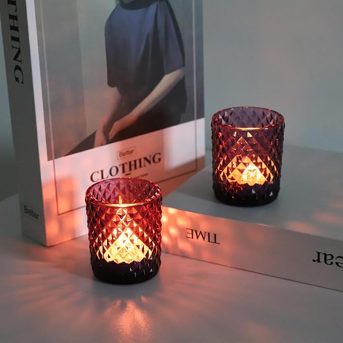 Woho 24pcs Purple Votive Candle Holders, Glass Tea Lights Candle Holder for Wedding Table Centerpiece, Studded Diamond Tealight Candle Holder for Tealight Candles/Votive Candles