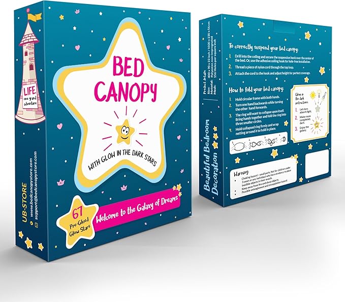 Blue Canopy for Girls Bed with Pre-Glued Glow in The Dark Stars - Princess Mosquito Net Room Decor - Kids & Baby Bedroom Tent with Galaxy Lights - 1 Opening Canopy Bed & Hanging Kit Included