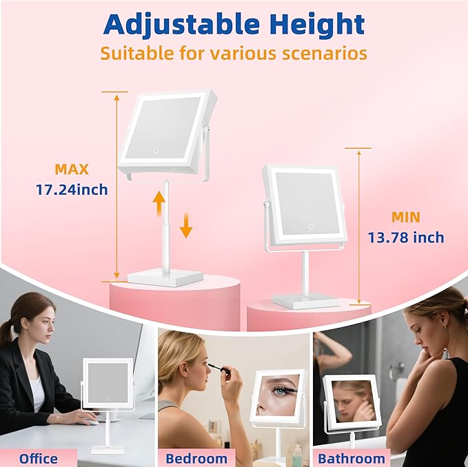 Ruacq Rechargeable Makeup Mirror, 4000mAh Lighted Makeup Mirror with Magnification 1X/10X, Height Adjustable Vanity Mirror with Lights, 3 Color Lights, Adjustable Brightness, 360°Rotation (White)