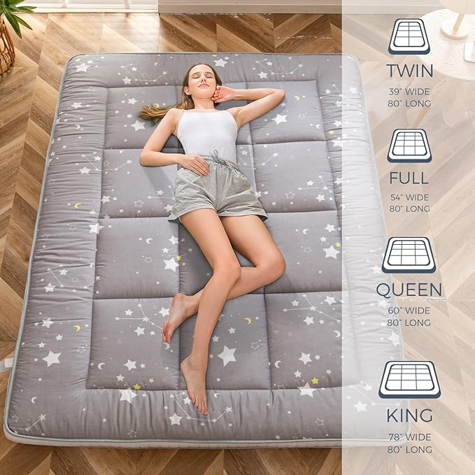 MAXYOYO Grey Constellation Futon Mattress, Japanese Floor Mattress Quilted Bed Mattress Topper, Extra Thick Folding Sleeping Pad Breathable Floor Lounger Guest Bed for Camping, Full