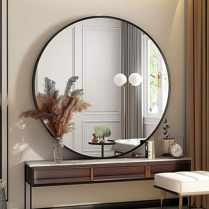 Round Mirror 30 inch, Large Round Mirror, Black Circle Mirrors Aluminum Frame, Circle Mirrors for Wall, Bathroom, Living Room, Hallway.