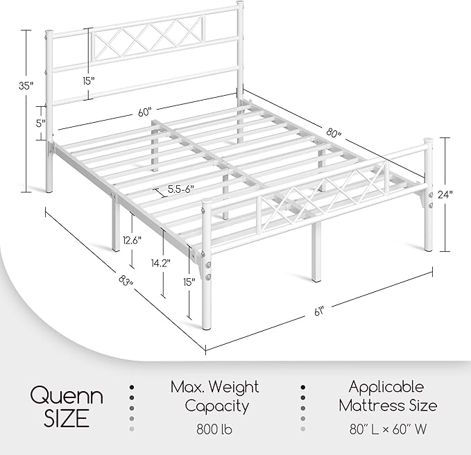 Yaheetech Queen Size Metal Platform Bed Frame with Simple Headboard and Footboard, Mattress Foundation for Under Bed Storage, Steel Slat Support, No Box Spring Needed, Easy Assembly, White
