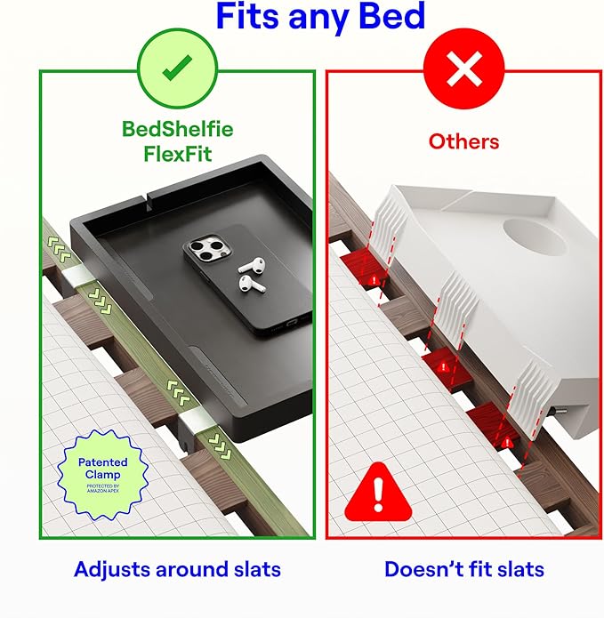 BedShelfie Bedside Shelf for Bunk Bed & Top Bunk, College Dorm Room Essentials, Loft Nightstand, Floating Bed Side Table Tray Storage, Dorm Room Decor by Smallish - (Flexfit Model, Black)
