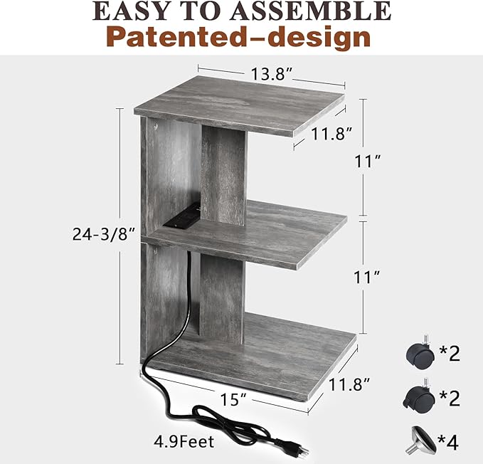 ZGREN End Table with Charging Station, Narrow Side Tables for Small Spaces with USB Ports and Outlets Rolling Bedside Nightstand Sofa Couch Slim Shelf Night Stand for Living Room, Bedroom, Grey