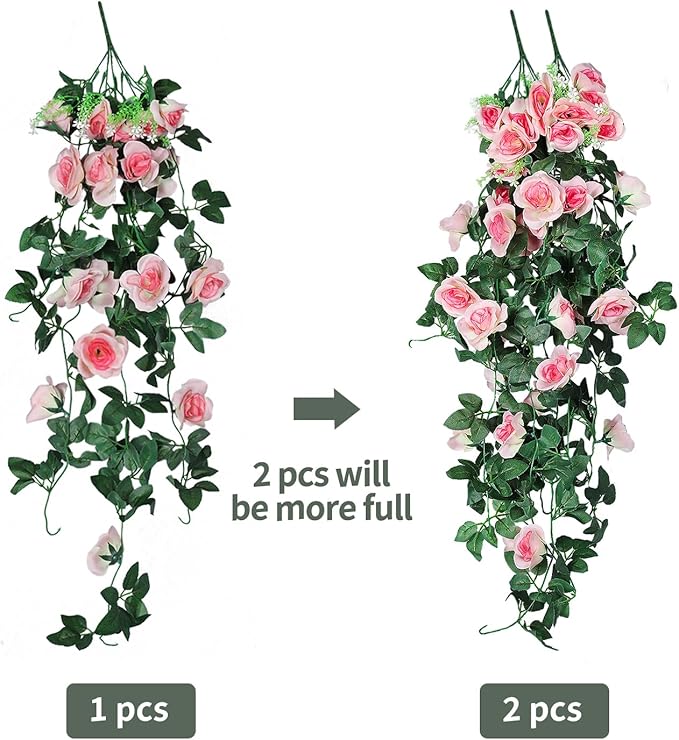 RECUTMS 2pcs Artificial Hanging Plants 32 in Fake Plant Ivy Vine Outdoor UV Resistant Plastic (Champagne)