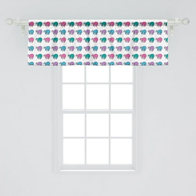 Ambesonne Funny Sloth Window Valance Pack of 2, Colorful Art Repeating Lazy Animal on Plain Backdrop, Rod Pocket Curtain Valances for Kitchen Bedroom, 54" X 18", Dark Seafoam Pink