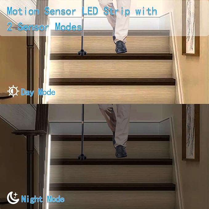 echosari Battery Operated Motion Sensor Cabinet Strip Lights, 9.8Ft 90 LED Counter Closet Strip Light, Motion & Night Sensor Safe Tape Light for Stairs Wardrobe Kitchen (Cool White)