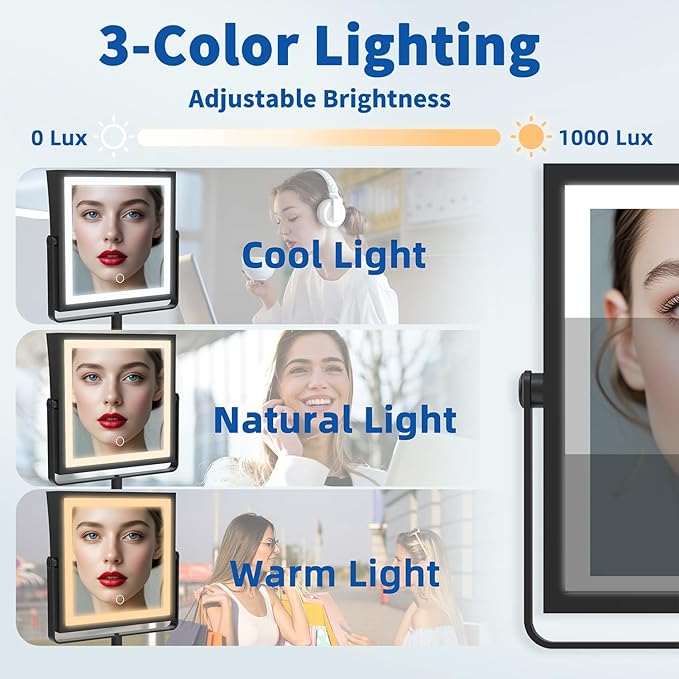 Ruacq Rechargeable Wall Mounted Makeup Mirror with Lights, Double Sided 1X/10X Magnifying Vanity Mirror with 3 Color Lighting, Touch Screen Dimmable, 360° Rotation Extension Foldable Arm(Matte Black)