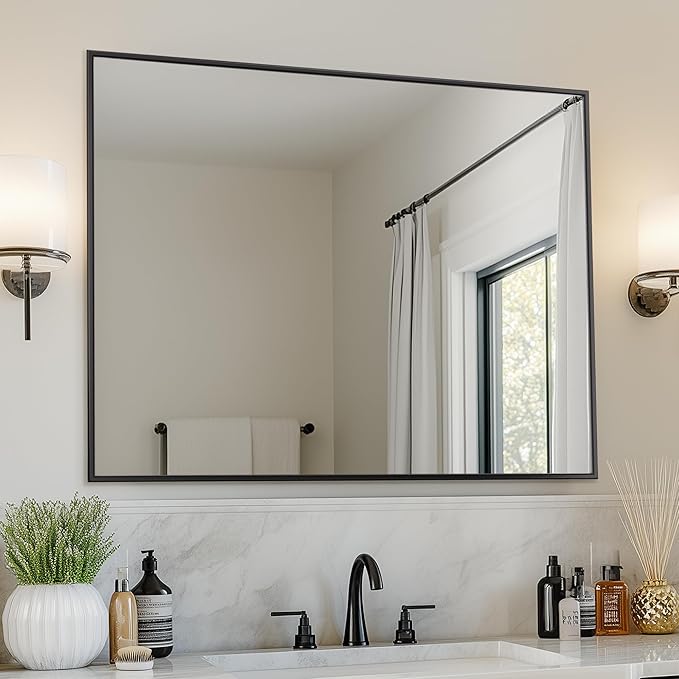 Antok Bathroom Mirror,40"x32" Wall Mirror, Decorative Mirrors Vanity Mirror Aluminum Alloy Frame Contemporary Hanging Mirror for Living Room Bathroom Entryway,Black,Rect Corner
