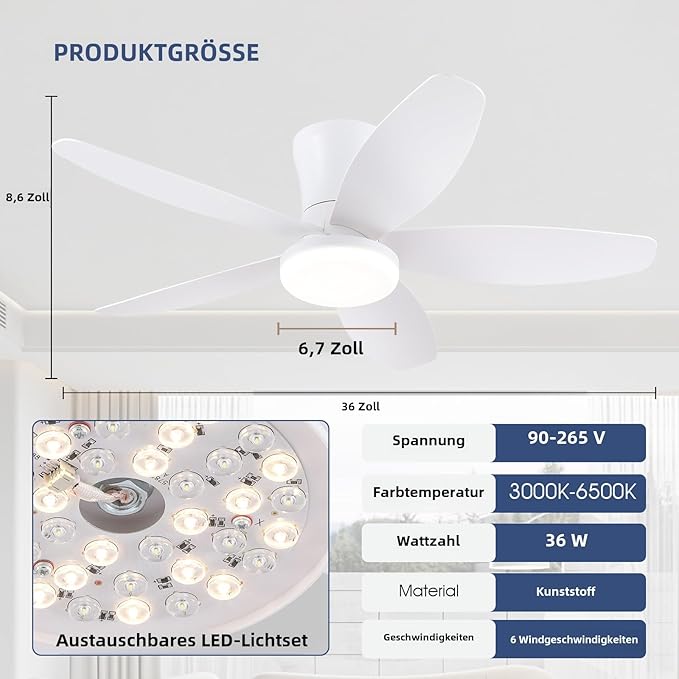 Ceiling Fans with Lights-36 Low Profile Ceiling Fan with Light and Remote/APP Control,Flush Mount,DC Reversible,LED Dimmable Modern Ceiling Fans for Bedroom,Indoor/Outdoor Patio Use(White)