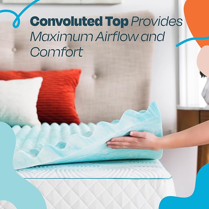 Linenspa 3 Inch Convoluted Gel Swirl Memory Foam Mattress Topper - Promotes Airflow - Relieves Pressure Points - Full