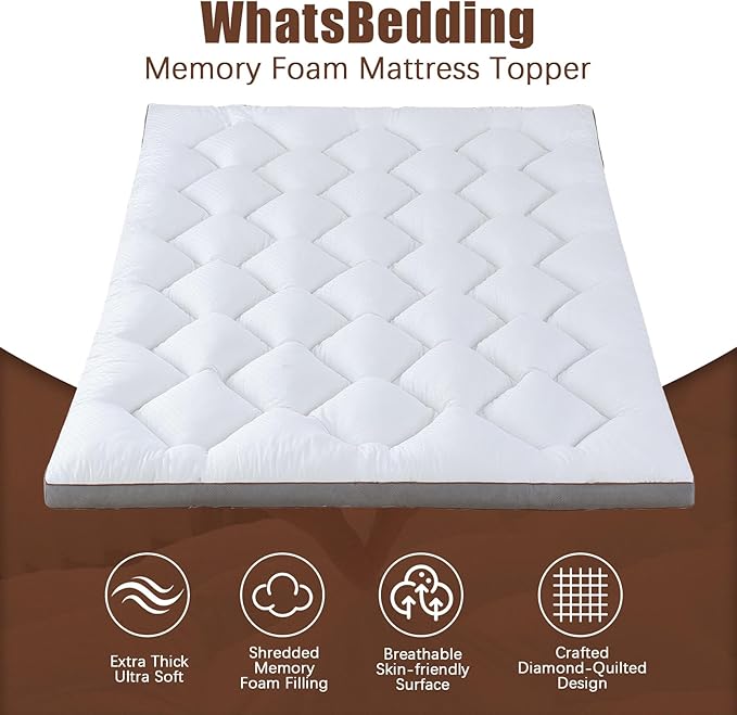 WhatsBedding 4 Inch Memory Foam Mattress Topper Twin Size for Pressure Relief, Extra Soft and Breathable Pillow Top Mattress Topper with 3D air mesh, Fluffy Shredded Memory Foam Filled，75 * 39 * 4in