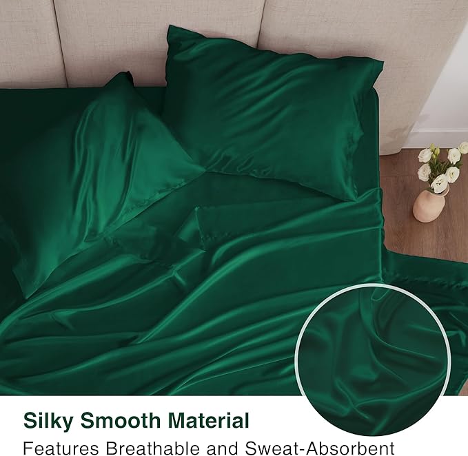 Love's cabin Twin XL Satin Sheet Sets - 3 Piece Dark Green Silky Bed Sheets with Deep Pockets, Luxury Silk Feel Satin Sheet Set Twin XL (1 Flat Sheet,1 Fitted Sheet,1 Pillow case)